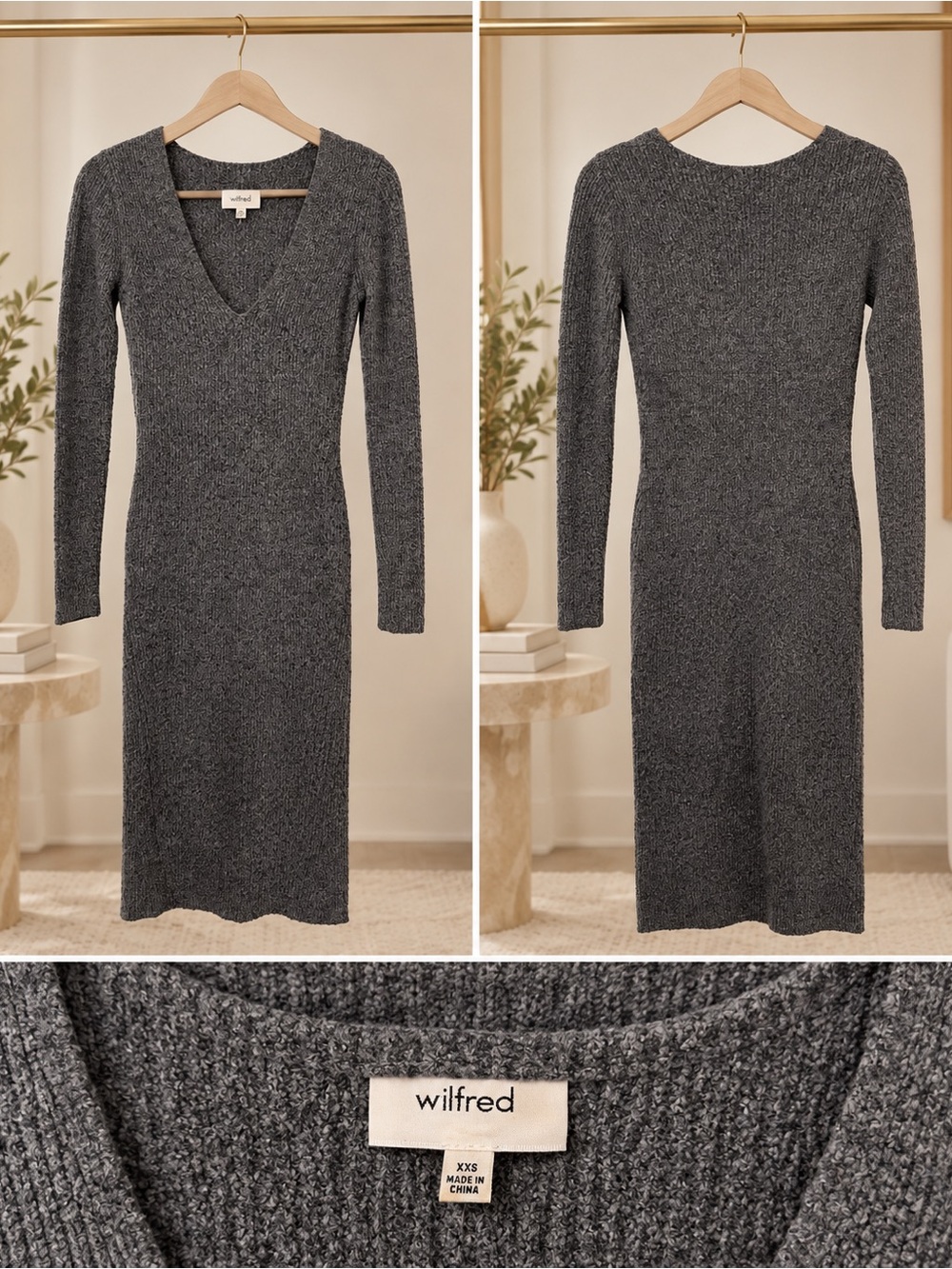 Wilfred Aritzia Charcoal V-Neck Knit Midi Dress XXS